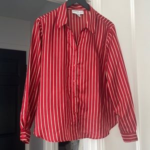 Red Silk Striped Button-Up Shirt